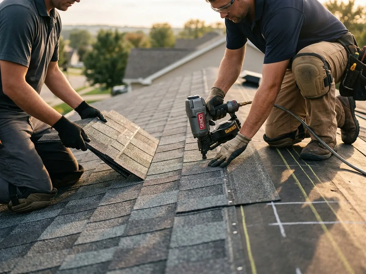 Professional roofer working on a residential roof in Becker